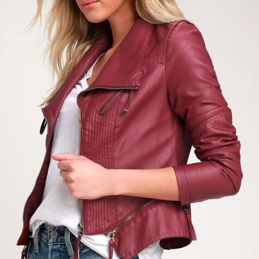 LULU'S Burgundy Up On A Tuesday Vegan Leather Moto Jacket Women sz S